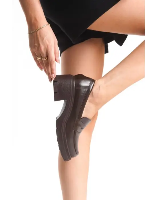 K-706 Kahve Kırışık Rugan Yüksek Tabanlı Loafer Ayakkabı