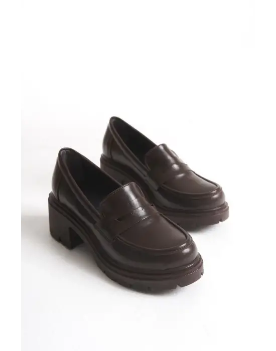 K-706 Kahve Kırışık Rugan Yüksek Tabanlı Loafer Ayakkabı