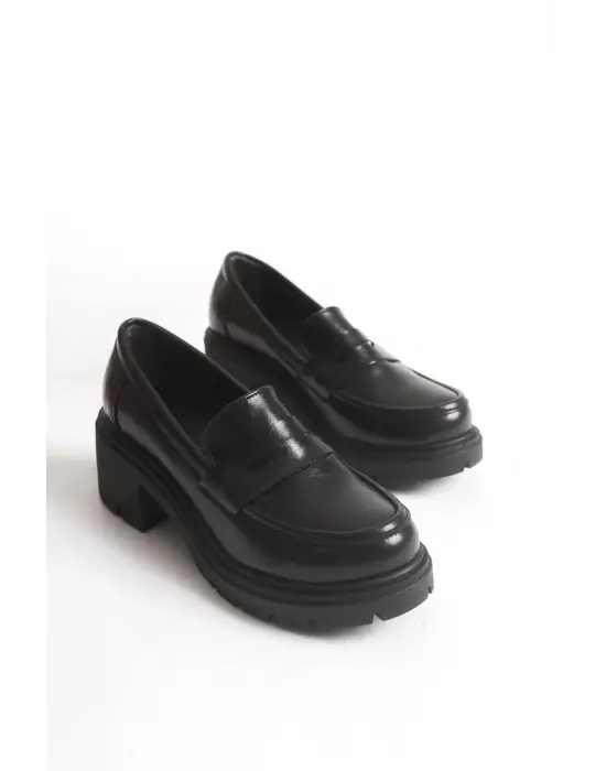 K-706 Siyah Kırışık Rugan Yüksek Tabanlı Loafer Ayakkabı