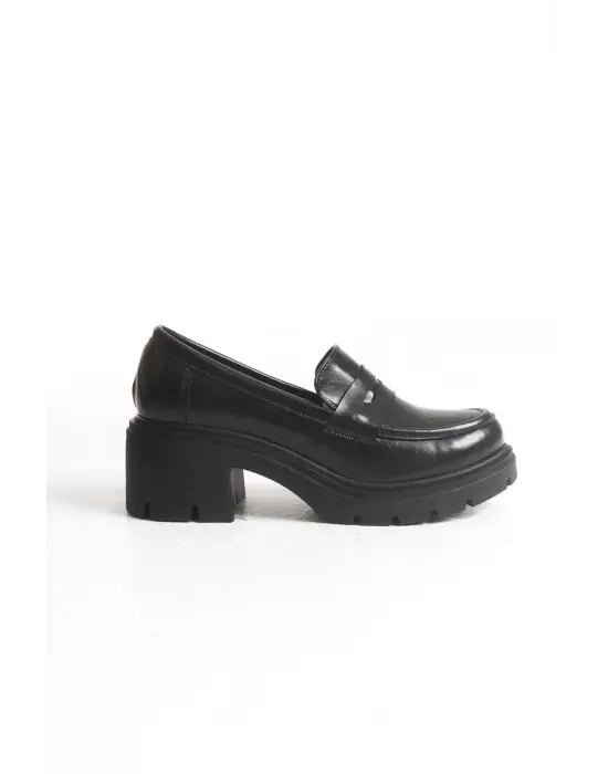 K-706 Siyah Kırışık Rugan Yüksek Tabanlı Loafer Ayakkabı