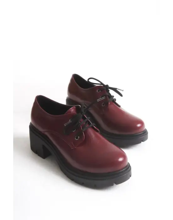 K-707 Bordo Kırışık Rugan Yüksek Tabanlı Bağcıklı  Loafer Ayakkabı