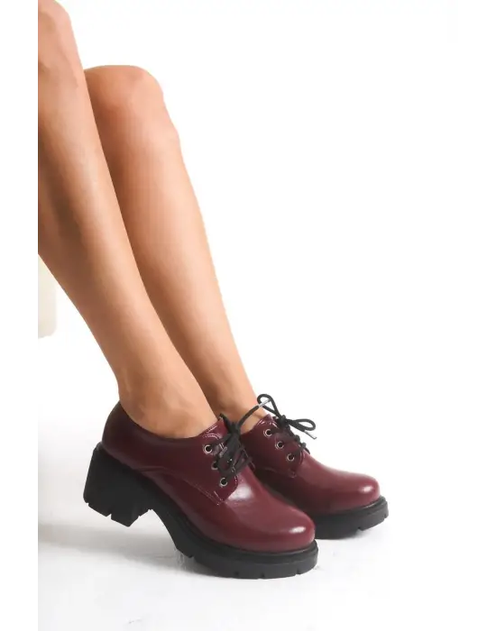 K-707 Bordo Kırışık Rugan Yüksek Tabanlı Bağcıklı  Loafer Ayakkabı