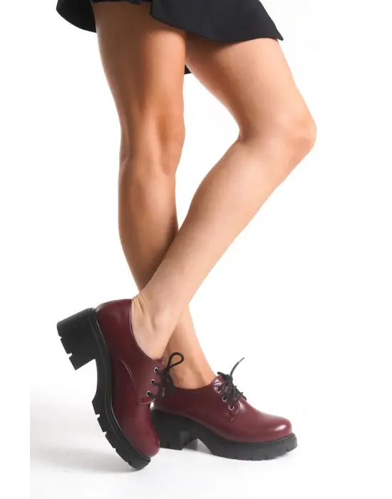 K-707 Bordo Kırışık Rugan Yüksek Tabanlı Bağcıklı  Loafer Ayakkabı