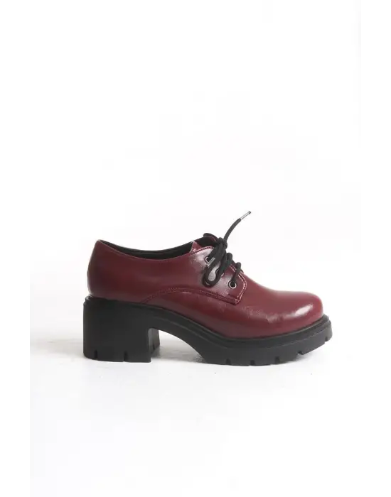 K-707 Bordo Kırışık Rugan Yüksek Tabanlı Bağcıklı  Loafer Ayakkabı