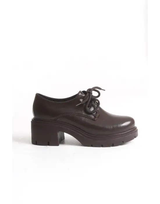 K-707 Kahve Kırışık Rugan Yüksek Tabanlı Bağcıklı  Loafer Ayakkabı