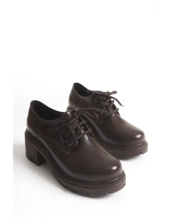 K-707 Kahve Kırışık Rugan Yüksek Tabanlı Bağcıklı  Loafer Ayakkabı