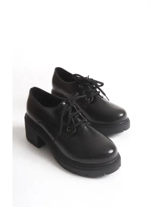 K-707 Siyah Kırışık Rugan Yüksek Tabanlı Bağcıklı  Loafer Ayakkabı