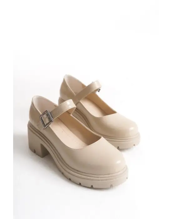 K-708 Bej Kırışık Rugan Tokalı Yüksek Tabanlı Loafer Ayakkabı