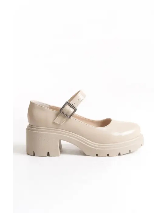 K-708 Bej Kırışık Rugan Tokalı Yüksek Tabanlı Loafer Ayakkabı