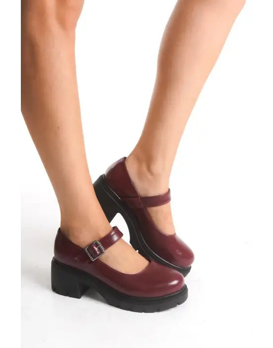 K-708 Bordo Kırışık Rugan Tokalı Yüksek Tabanlı Loafer Ayakkabı