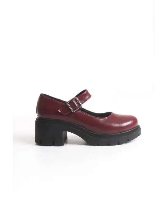 K-708 Bordo Kırışık Rugan Tokalı Yüksek Tabanlı Loafer Ayakkabı