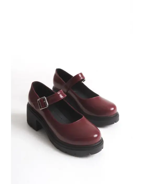 K-708 Bordo Kırışık Rugan Tokalı Yüksek Tabanlı Loafer Ayakkabı