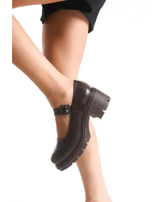 K-708 Kahve Kırışık Rugan Tokalı Yüksek Tabanlı Loafer Ayakkabı