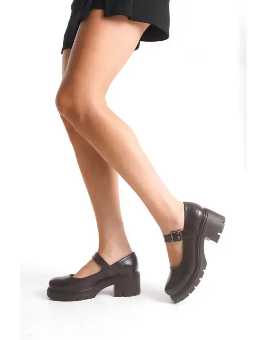 K-708 Kahve Kırışık Rugan Tokalı Yüksek Tabanlı Loafer Ayakkabı