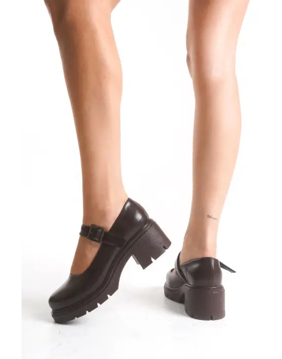 K-708 Kahve Kırışık Rugan Tokalı Yüksek Tabanlı Loafer Ayakkabı