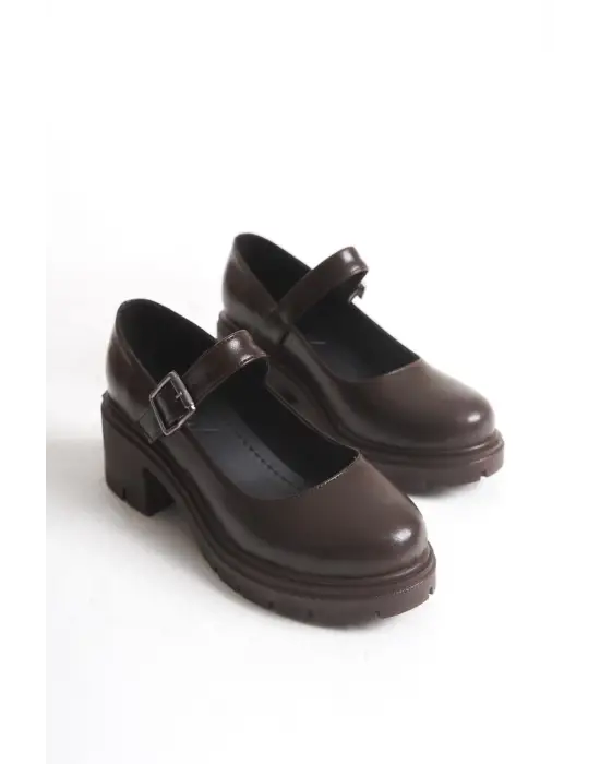 K-708 Kahve Kırışık Rugan Tokalı Yüksek Tabanlı Loafer Ayakkabı