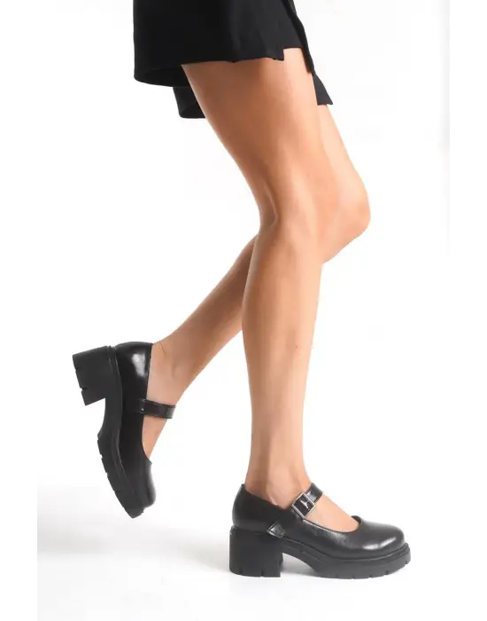 K-708 Siyah Kırışık Rugan Tokalı Yüksek Tabanlı Loafer Ayakkabı