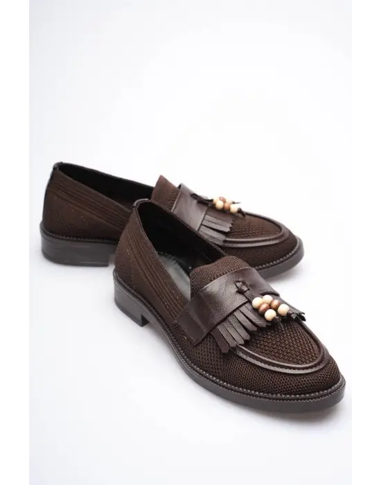 Kadın Acı Kahve Boncuk Püsküllü Günlük Kısa Topuklu Ayakkabı TR30MS01C