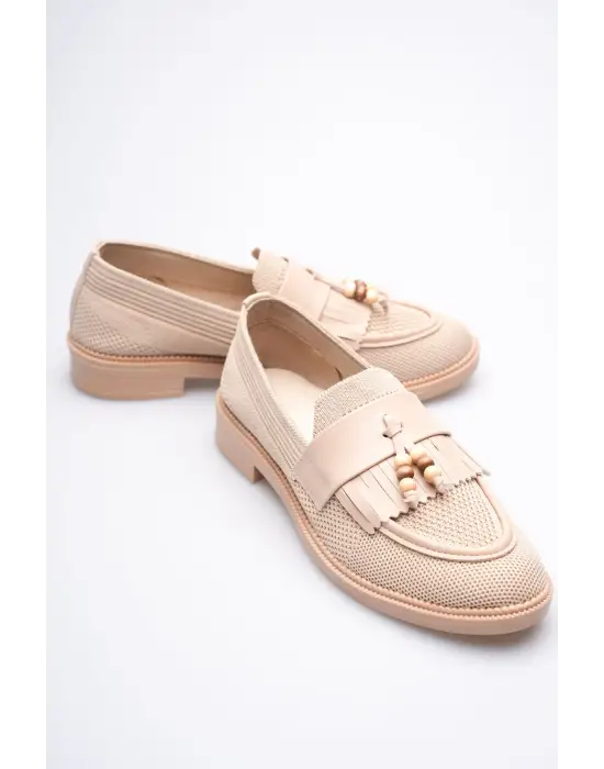 Kadın Bej Boncuk Püsküllü Günlük Kısa Topuklu Ayakkabı TR30MS01B