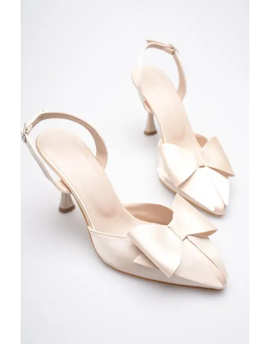 Kadın Bej Fiyonklu Saten Slingback Topuklu Ayakkabı TR40MS01B