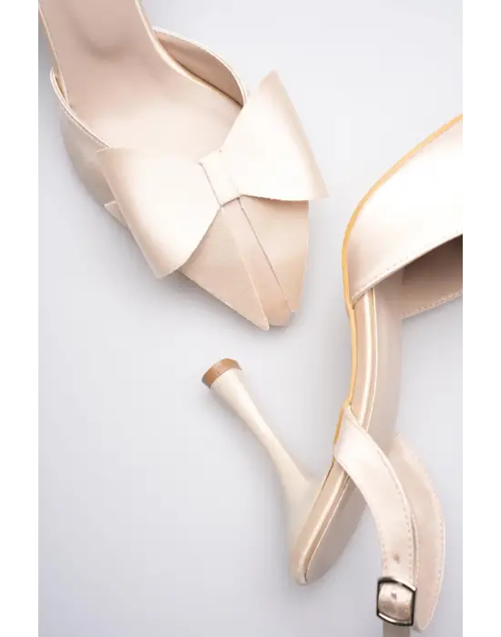 Kadın Bej Fiyonklu Saten Slingback Topuklu Ayakkabı TR40MS01B