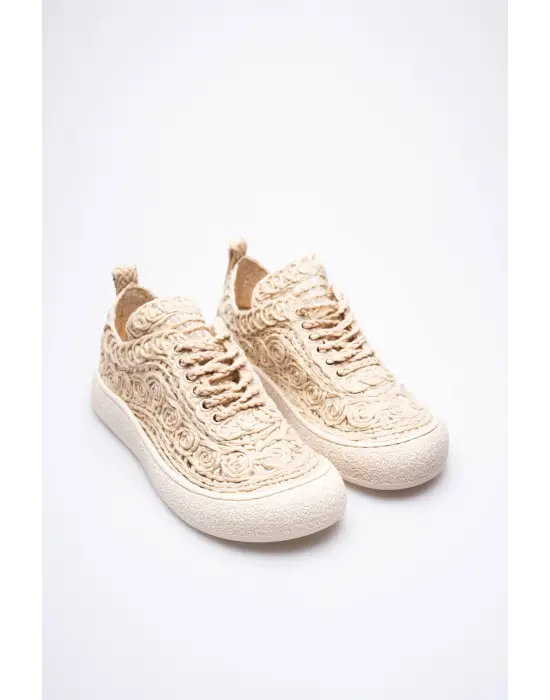 Kadın Bej Örgü Detaylı Günlük Sneaker Rahat ve Hafif Spor Ayakkabı TR01MY01C