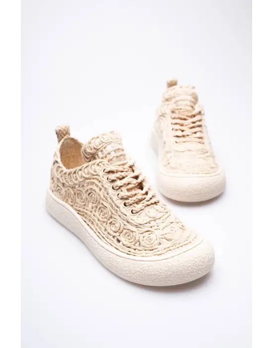 Kadın Bej Örgü Detaylı Günlük Sneaker Rahat ve Hafif Spor Ayakkabı TR01MY01C