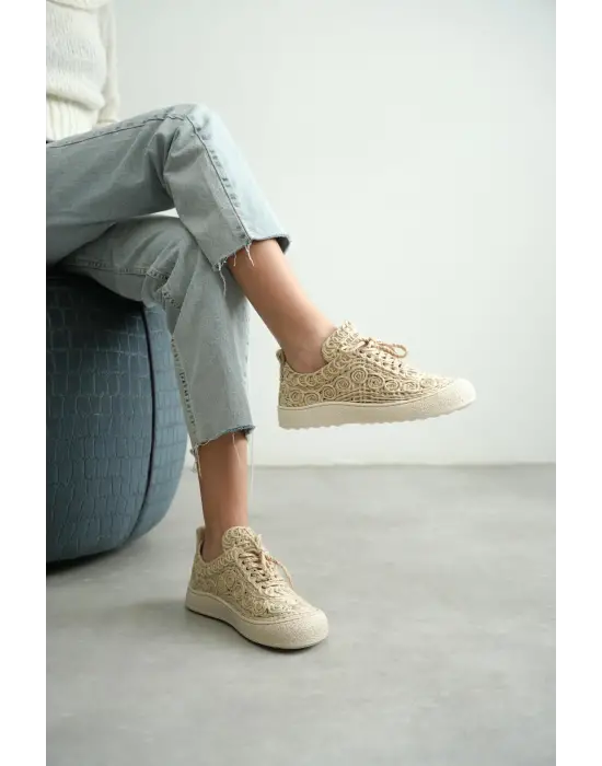 Kadın Bej Örgü Detaylı Günlük Sneaker Rahat ve Hafif Spor Ayakkabı TR01MY01C