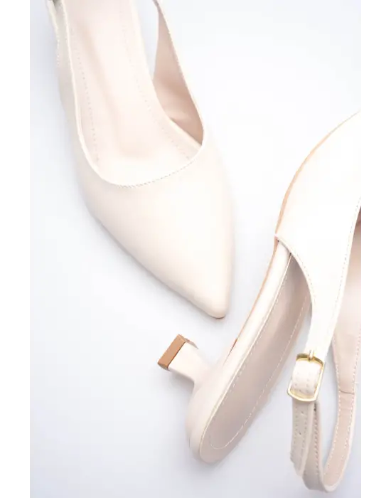 Kadın Bej Sivri Burun Slingback Kısa Topuklu Ayakkabı TR20MS04B