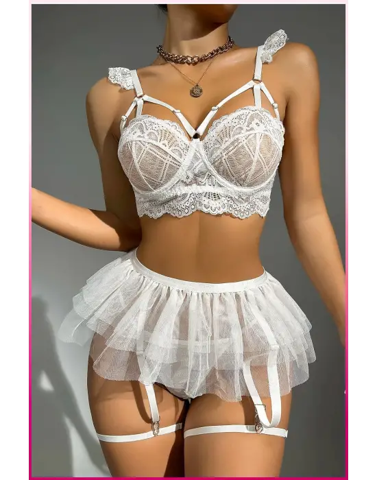 Kadın Beyaz Tül Etekli, Göğüs Balenli Fantazi Kostüm