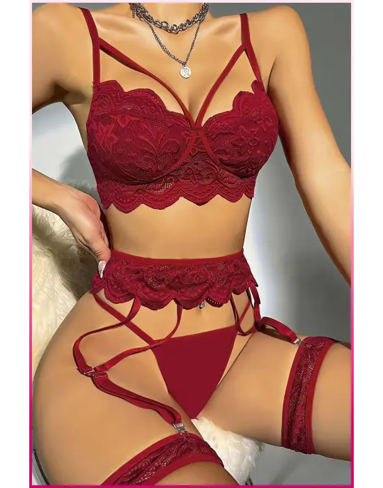 Kadın Bordo Dantel Detaylı Jartiyer Takım