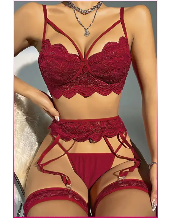 Kadın Bordo Dantel Detaylı Jartiyer Takım