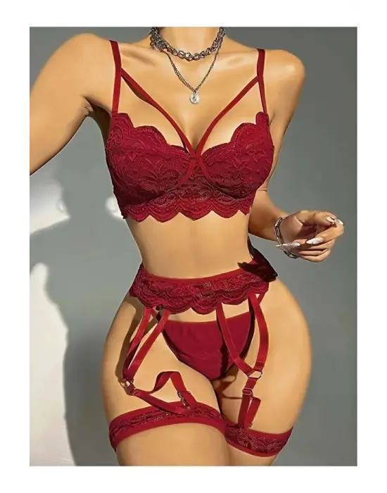 Kadın Bordo Dantel Detaylı Jartiyer Takım