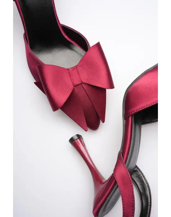 Kadın Bordo Fiyonklu Saten Slingback Topuklu Ayakkabı TR40MS01D