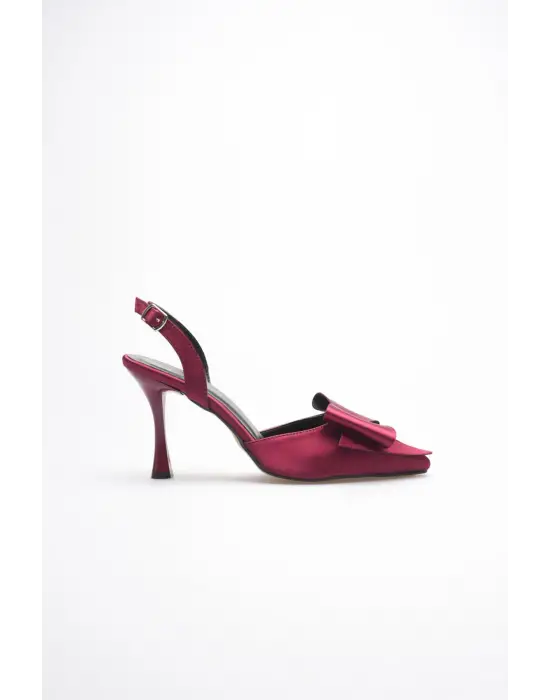 Kadın Bordo Fiyonklu Saten Slingback Topuklu Ayakkabı TR40MS01D