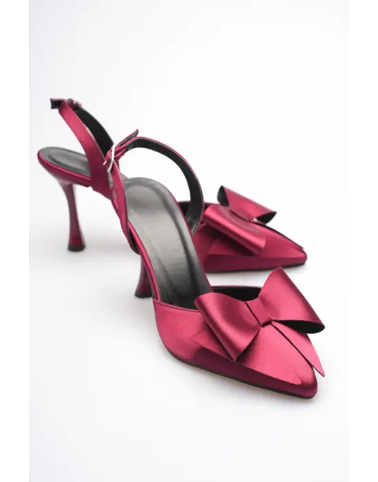 Kadın Bordo Fiyonklu Saten Slingback Topuklu Ayakkabı TR40MS01D
