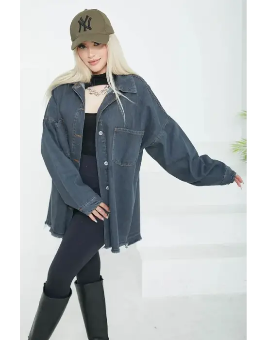 Kadın Çift Cepli Püskül Detay Kot Ceket