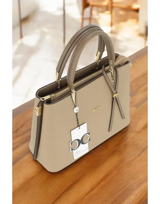 Kadın El Ve Kol Çantası Bej Renk Dikiş Detaylı Omuz Askılı