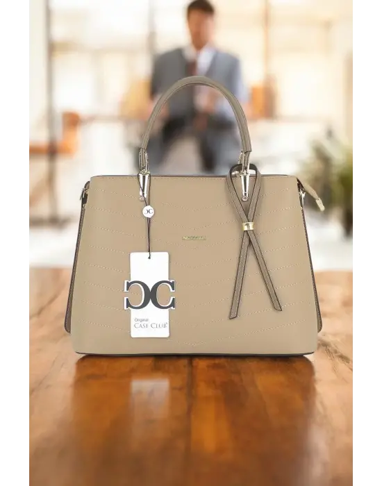 Kadın El Ve Kol Çantası Bej Renk Dikiş Detaylı Omuz Askılı