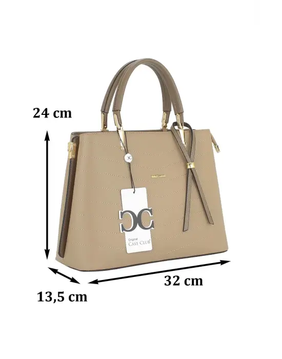 Kadın El Ve Kol Çantası Bej Renk Dikiş Detaylı Omuz Askılı