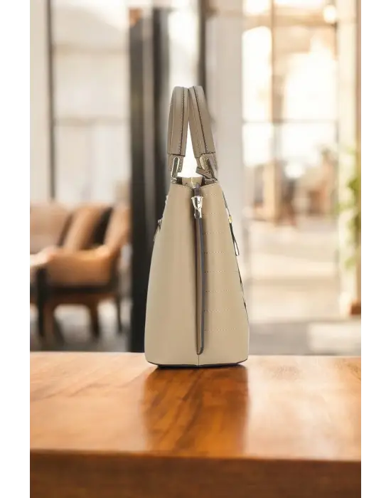 Kadın El Ve Kol Çantası Bej Renk Dikiş Detaylı Omuz Askılı