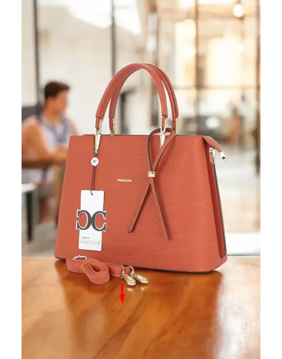 Kadın El Ve Kol Çantası Kiremit Renk Dikiş Detaylı Omuz Askılı