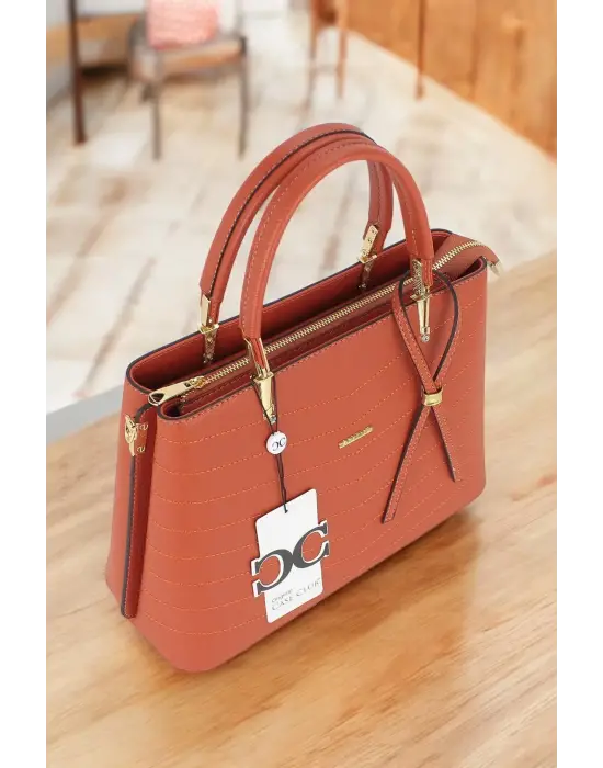 Kadın El Ve Kol Çantası Kiremit Renk Dikiş Detaylı Omuz Askılı