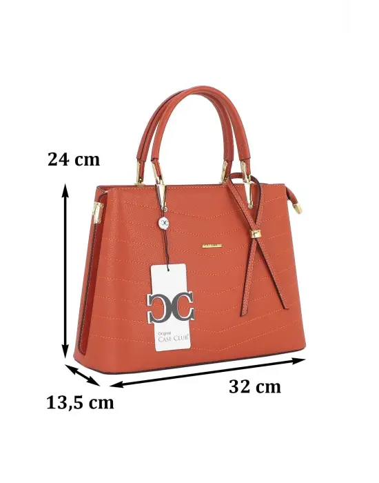 Kadın El Ve Kol Çantası Kiremit Renk Dikiş Detaylı Omuz Askılı