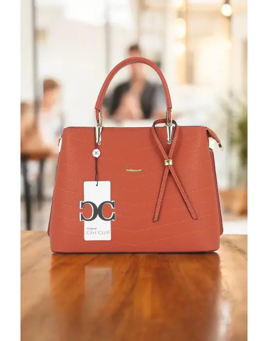 Kadın El Ve Kol Çantası Kiremit Renk Dikiş Detaylı Omuz Askılı