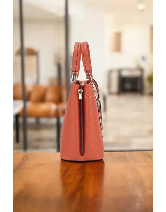 Kadın El Ve Kol Çantası Kiremit Renk Dikiş Detaylı Omuz Askılı