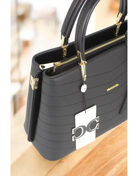 Kadın El Ve Kol Çantası Siyah Renk Dikiş Detaylı Omuz Askılı