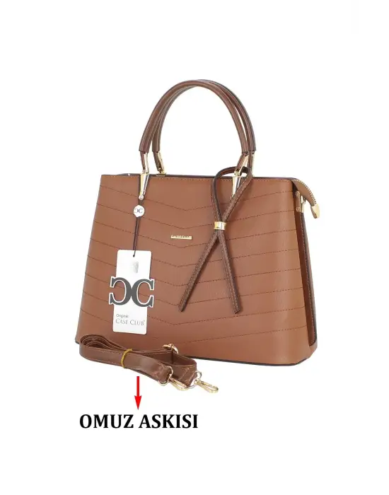 Kadın El Ve Kol Çantası Taba Renk Dikiş Detaylı Omuz Askılı