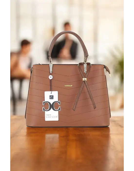 Kadın El Ve Kol Çantası Taba Renk Dikiş Detaylı Omuz Askılı