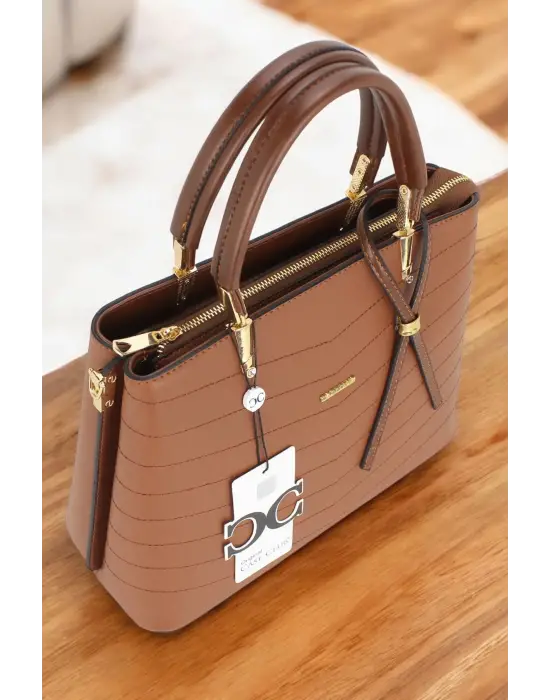 Kadın El Ve Kol Çantası Taba Renk Dikiş Detaylı Omuz Askılı